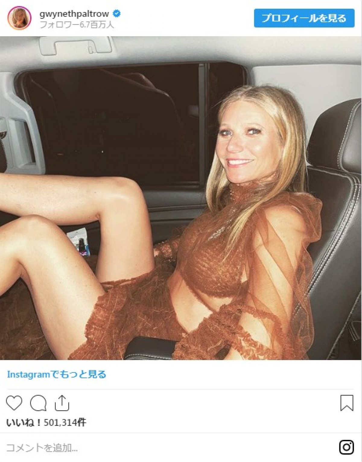 グウィネス・パルトロー、シースルードレス姿で美脚あらわ