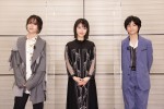 （左から）板垣李光人、浜辺美波、城桧吏、映画『約束のネバーランド』生配信イベントにて