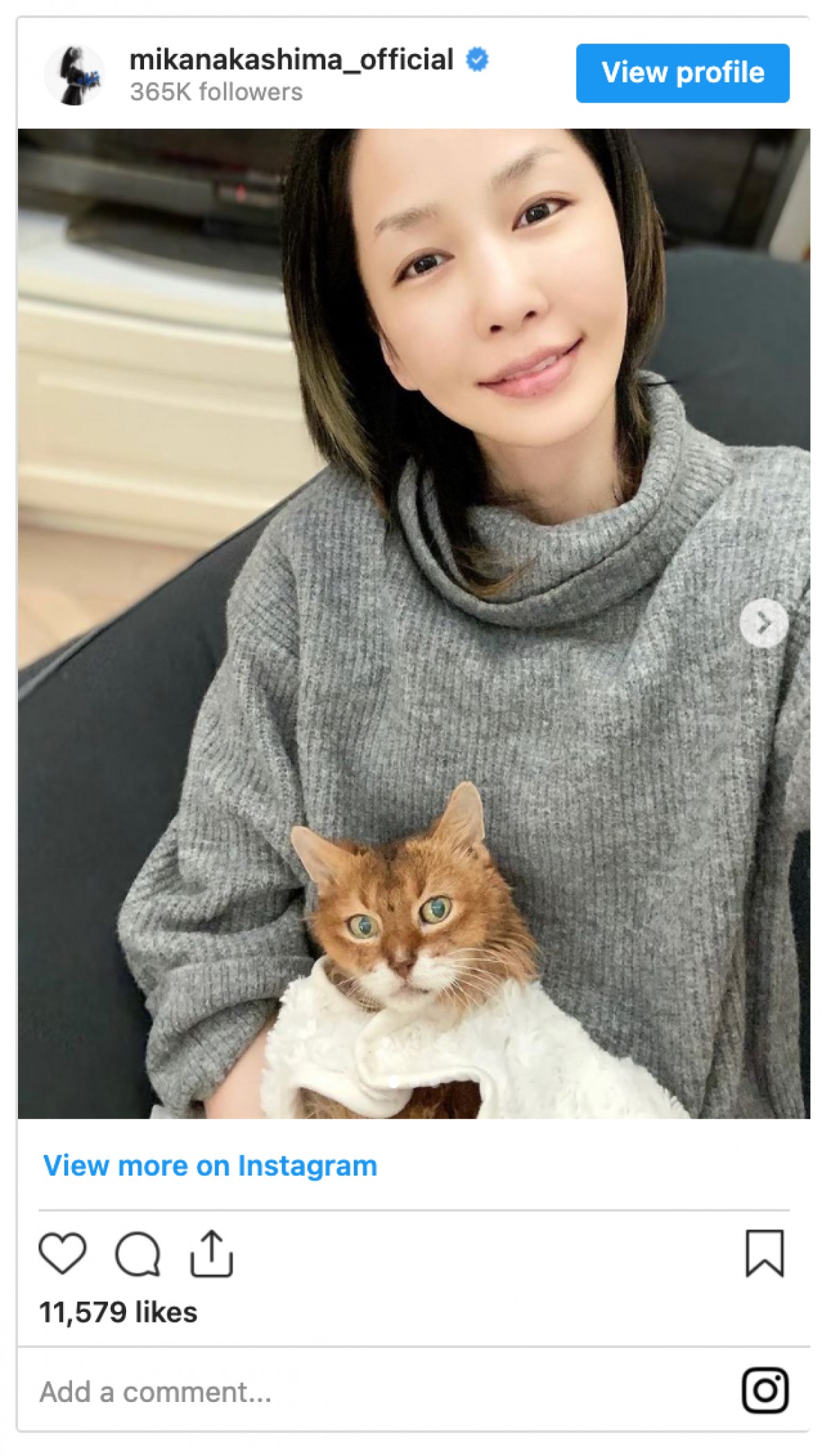 中島美嘉、愛猫とまったりモード　ナチュラルな美しさに「すっぴんですか？」の声