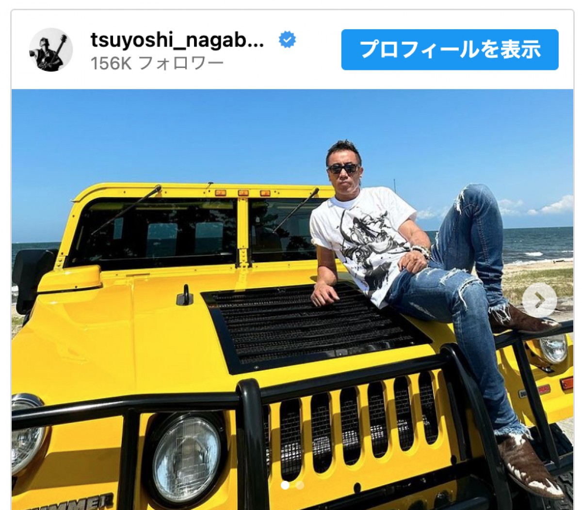 愛車・ハマーと海へ行った長渕剛　※「長渕剛」インスタグラム