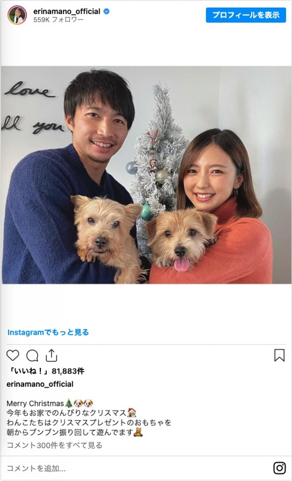 真野恵里菜、夫・柴崎岳とのクリスマス家族写真を披露「今年も美男美女」「ステキな家族写真」