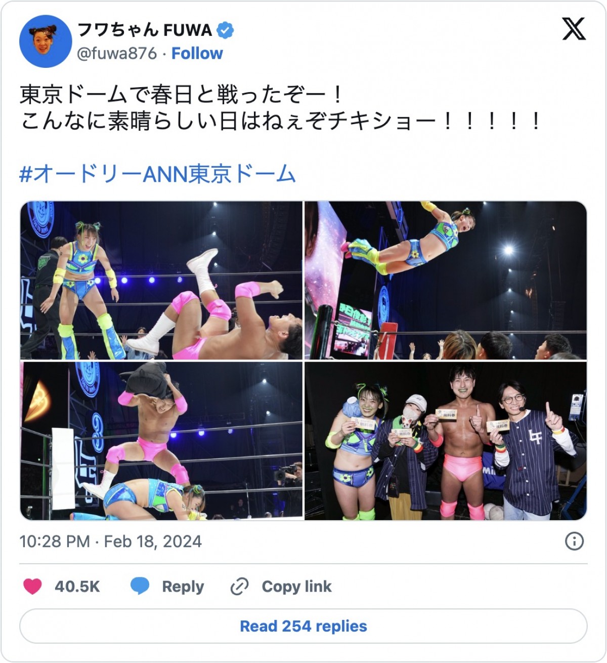 フワちゃん、オードリー春日と東京ドームでプロレス対決　「ガチですごい」と驚きの声