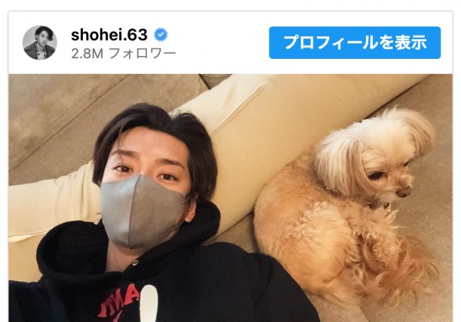 愛犬とくつろぐマスク姿の三浦翔平　※「三浦翔平」インスタグラム