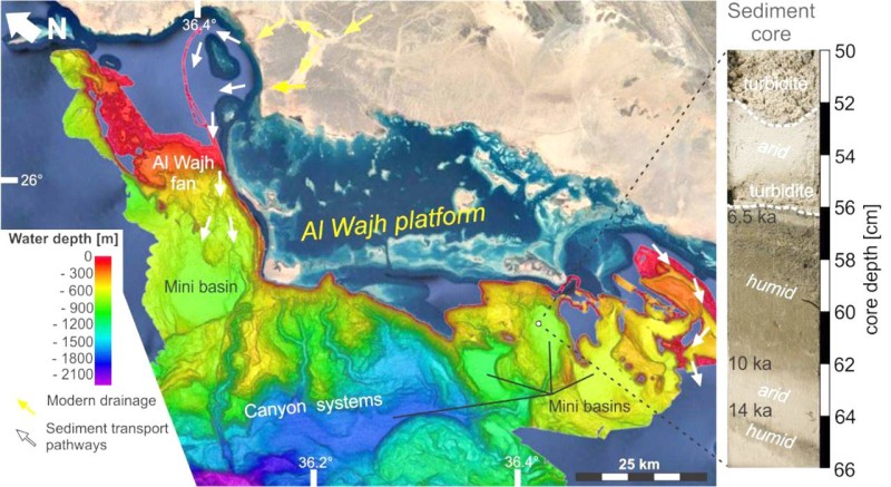 



رسم توضيحي لتضاريس البحر الأحمر تحت الماء، يظهر الفتحات الحرارية وبرك المياه المالحة وغيرها من المعالم، مقدم من Froukje van der Zwan وNiko Augustin.