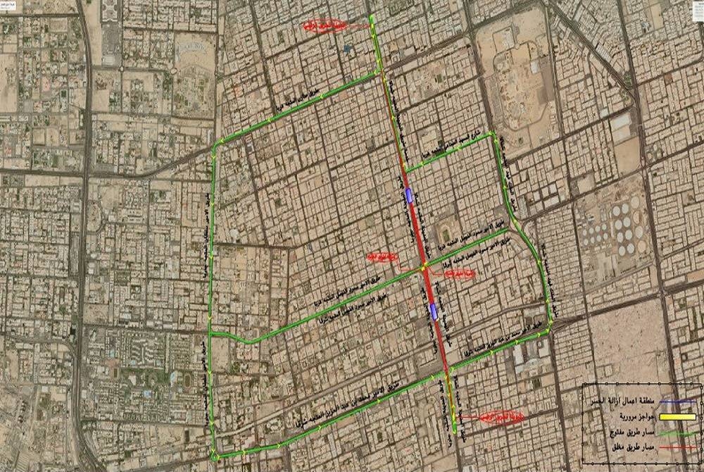 صورة توضح موقع الإغلاق الجزئي المؤقت لطريق المدينة المنورة