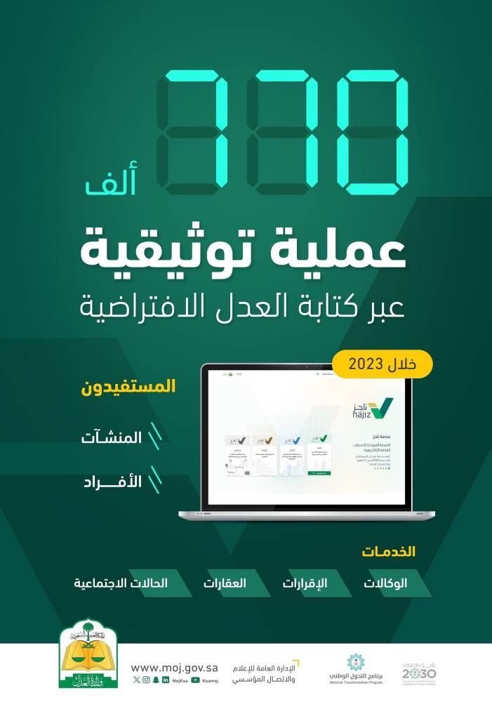 كتابة العدل الافتراضية تتيح خدمات الوكالات والإقرارات والعقارات والحالات الاجتماعية